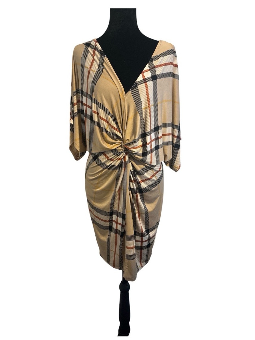 Jasmine Plaid Knot-Front Tan and Black Midi Dress